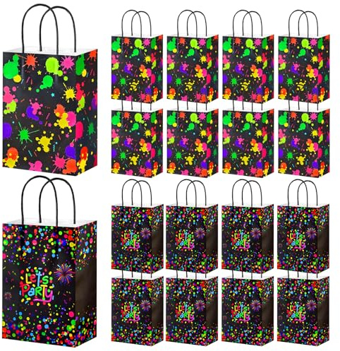 YIMETOP 16 stycken Glow in the Dark presentpåsar med handtag, neonparty dekoration presentpåsar för barnfödelsedag, karneval och födelsedagsdekoration, kraftpapperspåsar 15 x 8 x 21 cm (lyser i