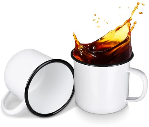 Augenstern 2 Pcs 20 oz Enamel Camping Coffee Mugs Drinking Tea Cups with Handle White Metal Enamel Mug Portable Vintage Round Cup Mugs for Coffee Tea Picnic Travel Home Office