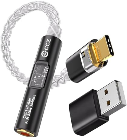 Yinyoo USB C a Jack 3.5mm Adaptador de Auriculares de Audio con CX31993 MAX97220 Dongle de DAC de Doble Chip, Type-C a AUX con USB-A,CCZ CM01 Cable de IEM,8 Hilos Cobre Monocristalino Plateado