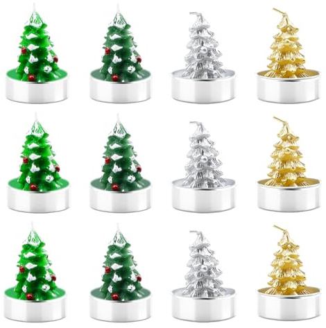 12 lumini per albero di Natale, mini candele per albero di Natale, fatti a mano, 4 colori, candele decorative per Natale, decorazione da tavolo, casa e set regalo