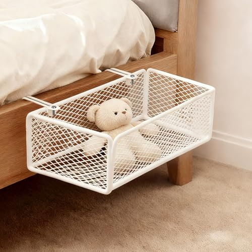 Vivikivi Bedside Hanging Storage Basket,Bunk Bed Shelf, White, 27x15x9cm | Hanging bedside Storage Caddy for Book Phone Glasses Magazine, Metal Mesh Bedside Shelf for Home Office School Dorm Bunk