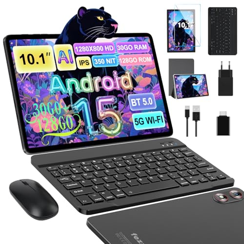 fezawio Tablette Android 15 avec 5G WiFi 10 Pouces 30Go RAM + 128Go ROM(2To Extensible), Widevine L1, Octa-Core 2.0GHz/8000mAh/8+5MP/Double Haut-parleurs Tablettes avec Clavier+Souris et Cas-Gris