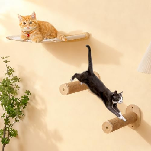 Klättervägg katter, katthängmatta med 2 kattrappor, vägg, kattmöbler, hängmatta av trä, kattväggmöbel för sömn, klättring och lek