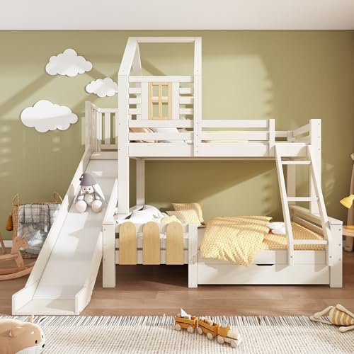 Solid Wood Bunk Bed Cabin Bed with Slide&Drawer&Ladder&Window, 3FT Single 4FT6 Double Tree House Bed Children's Bed with Guardrail&Slats, Three Sleeper Loft Bed Frame for Kids Teens Adults, White