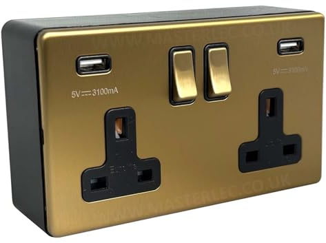 Antique Gold/Satin Brass Screwless USB Double Socket (Type A) & 32mm Black Surface Pattress Back Box