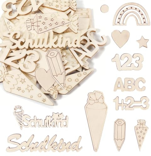 200 Stück Einschulung deko Holz, Schulkind 2026 junge, Tischdeko Schulanfang & Schulkind Deko, ABC 123 Motive, Passende deko einschulung junge 2026