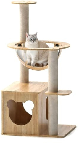 BPS Árbol Rascador para Gatos de Madera con Cama Acrílica Transparente, Torre Multifuncional con Casa Cerrada, Plataformas y Postes de Sisal 80 x 40 x 40 cm BPS-17902