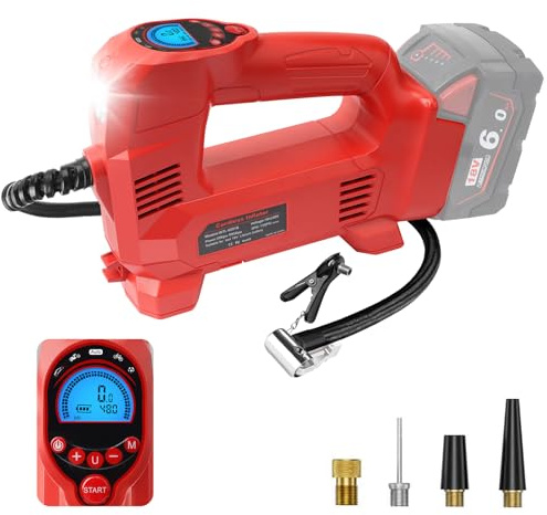 Compressore a batteria compatibile con batterie Milwaukee M18, fino a 10,34 bar con luce LED e arresto automatico, pompa portatile per auto, moto, bicicletta e palloni (senza batteria)