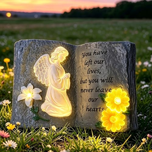 lifemet Figura de ángel con libro solar, figura exterior de resina resistente a la intemperie con enchufe para tumba, decoración de ángel conmemorativo para cementerio, regalo de recuerdo para amantes