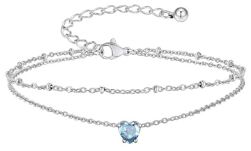 Suplight Waterproof Anklets Silver March Aquamarine Birthstone Anklet for Women, Double Layer Ankle Bracelet