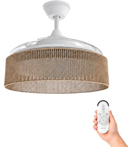 Mellerware - Ventilador de Techo con Luz y Lámpara Brizy Bright Rattan | 3 Aspas 106 de Diámetro| 40 W | 6 Velocidades Ultra Silencioso | Función Verano-Invierno | Temporizador | LED