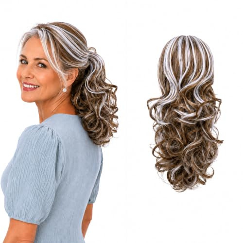 CAISHA 30cm Haarteil Mia Zopf Haarverlängerung mit Kordelverschluss Voluminös Gewellt Hellbraun Grau Mix PH222
