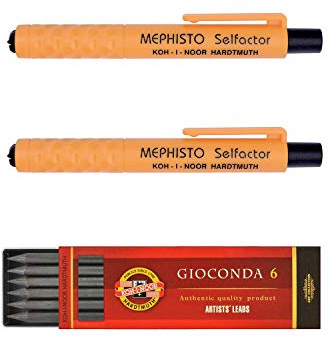 Koh-I-Noor Mephisto 5301 - Druckbleistift ohne Anspitzer, 3er-Set, Stärke 5.6 mm, 2 x orange und gemischte Packung mit 6 Minen in Graphit 2B,4B,6B