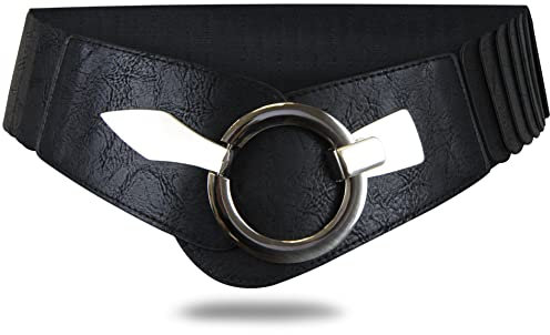 Vanessa & Melissa Elastischer Damen Taillengürtel, ca. 6 cm breiter Hüftgürtel mit silberner Ring-Schließe, 80 cm (für Taillenweite 85-105 cm), Schwarz