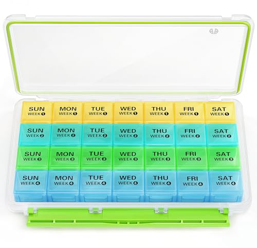 BUG HULL Monthly Pill Organizer, Moisture-Proof Large 28 Days Pill Box with Removable 4 Weeks Pill Case Rows, Medicine Pill Organizer, Travel Pills Organizer with One Month Pill Container for Vitamin