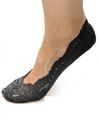Prime Products 3, 6 X Pairs Ladies Thin Lace Liner Footsies Socks - Superior Soft No Show Socks Women, Beige & Black Colours Footie Invisible Sock Women, UK Size 4-7 (Black, 3)