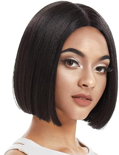 FASHION IDOL Schwarze Bob-Perücke mit glattem Haar Hochauflösende T-förmige Spitzenfrisur 10 Zoll lange Perücke aus hitzebeständiger Kunstfaser Geeignet für den Alltag und Partys