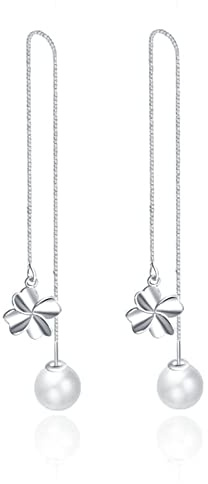 Boucles Doreilles Argent, Boucles d Oreilles Pendantes Or Blanc Trèfle À Quatre Feuilles avec Perle Boucles Doreilles Femme Argent 14.5X10MM
