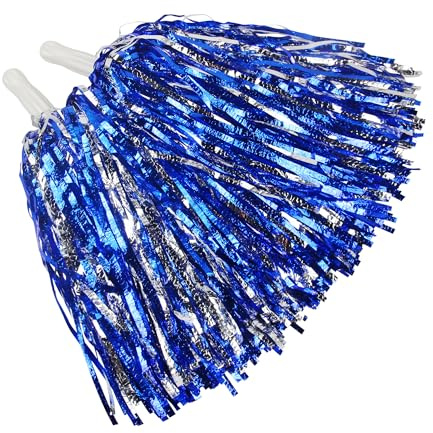 Hooshing 12PCS Pom Poms Cheerleading Blue and Silver Fluffy Metallic Pompoms with Baton Handle for Dancing Team Sports Party Cheerleading Squads