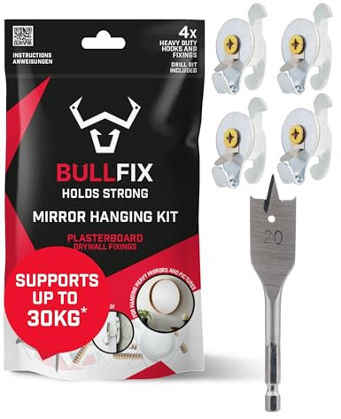 Bullfix Mirror and Picture Hanging Kit, Heavy Duty Plasterboard Fixings for Pictures, Mirrors and Canvas, 4 Universal Fixings with Grips, Hooks and 20mm Drill, Sea Fixings | Heavy Duty for Mirrors & Canvases, 4 Universal Anchors with Collars, Hooks & a 20mm Drill Bit, Picture Frame Kit