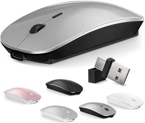 Normdecos Mouse for MacBook Wireless Bluetooth Mouse Laptop MacBook Air Mac Pro Rechargeable Silent PC iPad Optical Mice with Dual Mode Switch Bluetooth 5.2/3.0 and 2.4GHz USB Type-C Receiver Gray