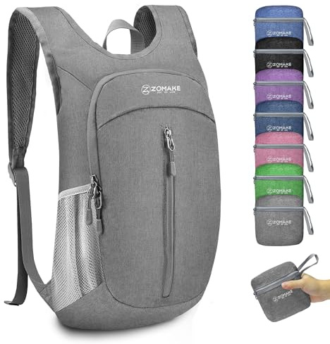 ZOMAKE Faltbarer Rucksack Klein Ultraleicht,10L Wanderrucksack Kleiner Leicht für Damen Herren,Reise Mini TagesrucksäCke Faltbar für Kinder und Jugendliche(Grau)