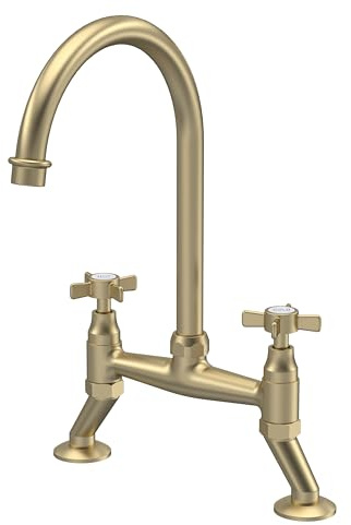 Balterley Kitchen Tap with Dual Crosshead Handles, Bridge Kitchen Mixer Tap, Brushed Brass Bridge Mixer Taps for Sink, Round Base with Curved Spout Taps for Sink - 235 x 200 x 510mm (Brushed Brass)
