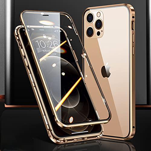 Custodia magnetica per telefono in vetro a doppia faccia con struttura in metallo per iPhone 15 14 13 12 Pro Max X XS 8 7 14 Plus 13 12Mini Copriobiettivo per fotocamera,Oro,Per iPhone 12Pro Max