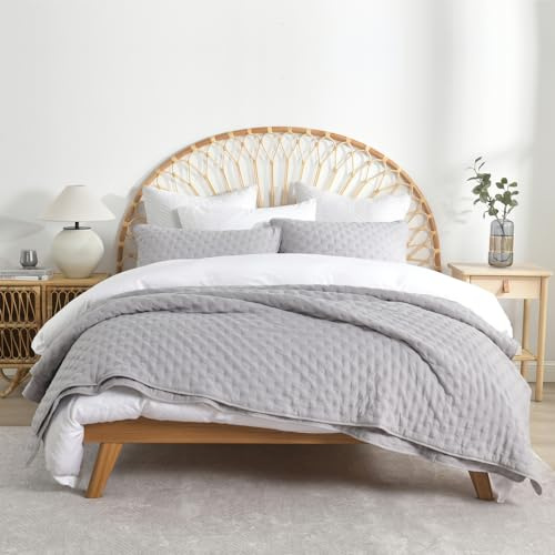 ENASAL Tagesdecke 240x260cm, Bettüberwurf Sofaüberwurf leichte Überwurfdecke mit 2 Kissenbezügen, Gesteppte Steppdecke für Doppelbett,Grau Punktförmig, 250x270cm
