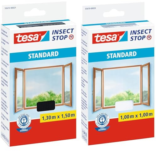 tesa Insect Stop Standard Fliegengitter für Fenster & Insect Stop Standard Fliegengitter für Fenster - Insektenschutz zuschneidbar - Mückenschutz ohne Bohren - 1 x Fliegen Netz weiß - 100 cm x 100 cm