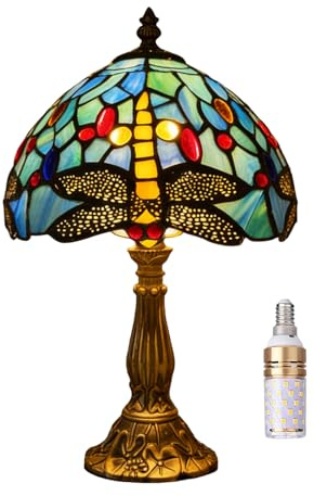 Kinbolas Tischlampe kleine im Tiffany Stil,Vintage Nachttischlampe,Schlafzimmer Fensterbank Deko Lampe,Jugendstil Tischleuchte,Blau Libellen Buntglas lampenschirm 20cm / 8 Zoll Mit LED E14 Birne