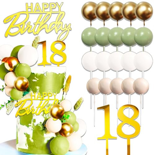 JeVenis Sage Green Happy 18 Birthday Cake Decoration 18 Cake Topper Gold Balls Happy Birthday Sign for Sage Green Party Supplies Favors