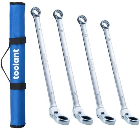 toolant Extra langes Ratschenschlüssel-Set, Flexkopf und fester gekröpfter Kopf, Doppelringschlüssel-Set, CR-V-Stahl, metrisch 21–24 mm, 4 Stück mit Rolltasche