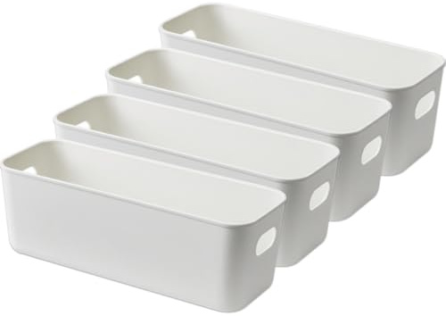 Plastic Storage Boxes, 4 Pcs Bathroom Storage Baskets, Plastic Storage Basket Kitchen Cupboard Organiser White Rectangle Bathroom Storage Box with Handles for Kitchen Home Bathroom