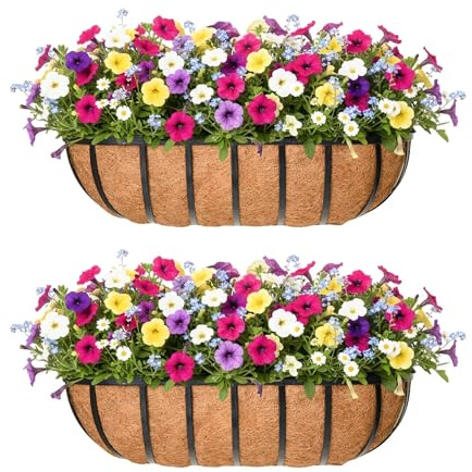 Qusuxi Blumenkasten, 40,6 cm, mit Kokos-Auskleidung, 2 Stück, Pferdetrog, Pflanzgefäß, schwarzes Metall, Hängeblumenkorb für Veranda, Zaun, Terrasse, Innen- und Außenbereich, Rasen