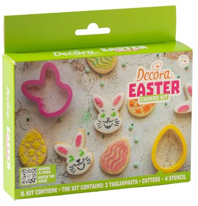 Decora 0255233 - Juego decorativo de Pascua, 2 cortadores de pasta de conejo y huevo y 4 plantillas decorativas, ideales para crear galletas decoradas tridimensionales, fabricado en Italia, paquete de
