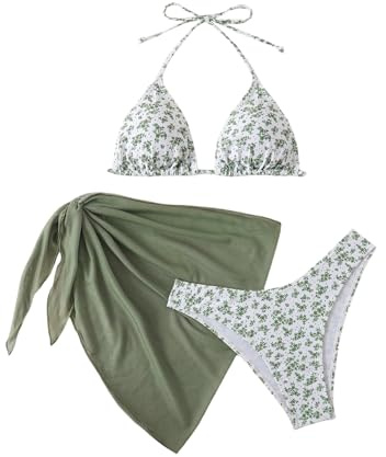GORGLITTER Damen Bikini Set 3 Teiliger Neckholder Badeanzug Mit Cover Rock | Triangle Bikinitop, Sommer Bademode, Blumen Bikini, Strand Swimsuit Set, Für Urlaub Outfit