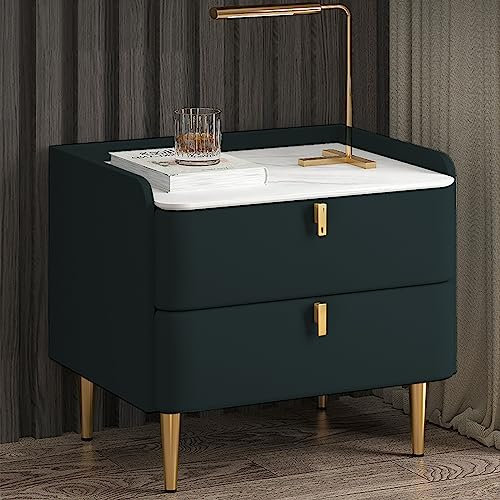 Bedside Table with Storage Solid Wood Bedside Table with 2 Drawers, Faux Marble Top for Bedroom Furniture (Dark Green, Size: 50cm)