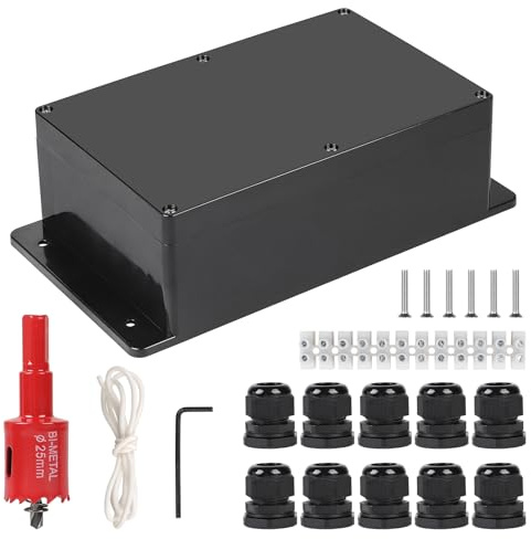 CPROSP Scatola di Derivazione Impermeabile Nero, IP65, per Ambienti Umidi, 230 x 150 x 85 mm, per Diametro 6-12 mm, con 10 Passacavi, con Sega a Tazza da 20 mm