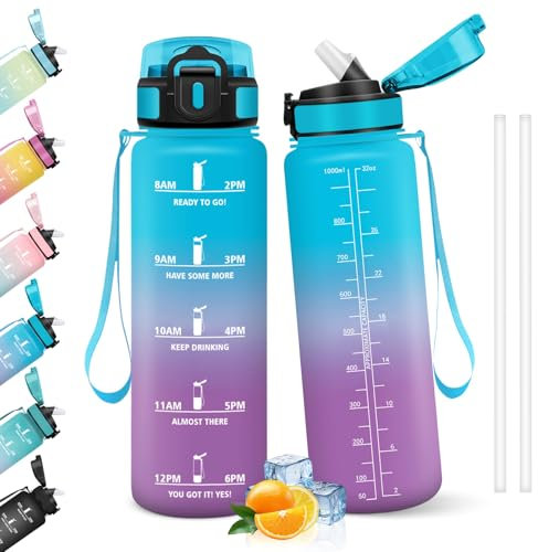 HoneyHolly Borraccia 1 Litro, Libre de BPA & A Prova di Perdita, Water Bottle con Cannuccia, Reutilizables, Bottiglia Motivazionale, Water Bottle per Scuola, Palestra, Ufficio, Sport