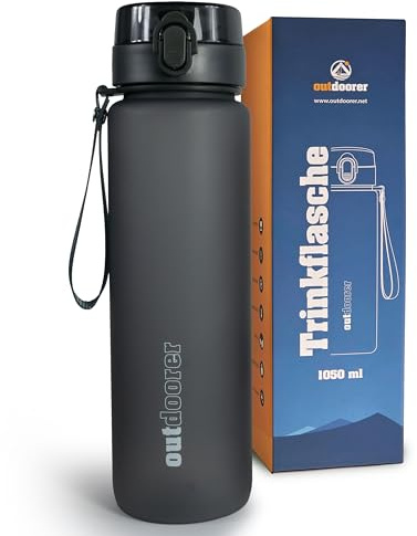 outdoorer Trinkflasche 1 l inklusive Filter - Sportflasche mit 1050 ml Volumen, BPA-frei, auslaufsicher - schmale Wasserflasche mit Fruchtsieb für Sport, Fitness, Schule, Fahrrad, Bergtouren