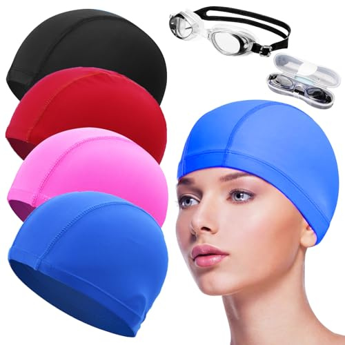 Qaestuan 4 Stück Elastische Badekappen für Erwachsene, mit 1Schwimmbrille, Unisex Stoff-Badekappe, Weiche und Strapazierfähige Schwimmkappe, für Herren Damen Lange Kurzes Haar (Mehrfarbig)