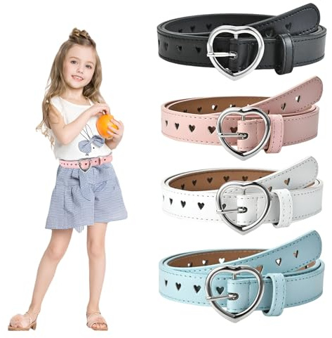 Goiern Mädchen Gürtel, Süße Herzform, Anpassbarer PU Leder Kinder Gürtel mit Metall Klettverschluss, 95CM, 4 Farben: Schwarz, Weiß, Blau, Rosa