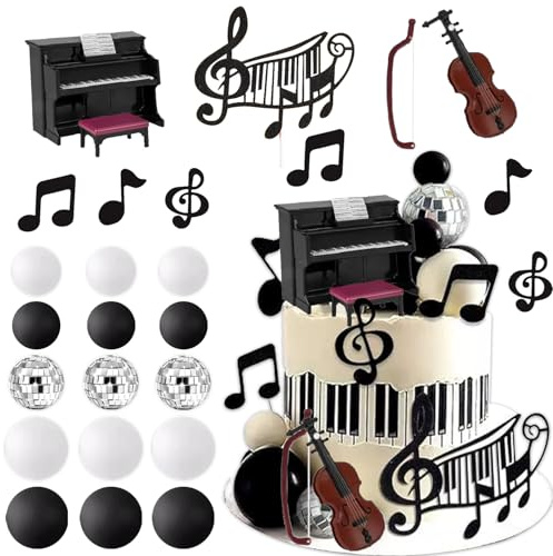 24Stk Musikalische Geburtstagsparty Dekoration Set, Klavier Kuchen Dekorationen, Geige Party Zubehör, Disco Ball Kuchen Dekorationen, Musikalische Note Cupcakes, Musik Thema