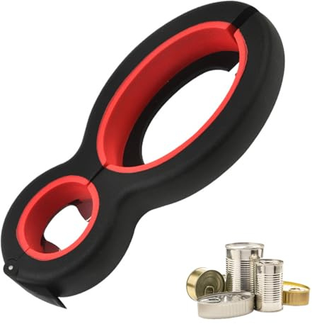 UEKPDM 6-in-1 Multi Opener, Stainless Steel & PP, 14.5cm, Black Red | Bottles, Jars, Cans & Bags, Ergonomic Non-Slip Grip, for Weak Hands & Arthritis