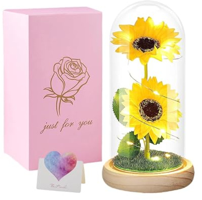 AWSOLAR Sunflower Lamp, Artificial Flowers in Glass Dome with LED Strip, Birthday Gifts for Women Sunflower Gifts for Anniversary, Wedding
