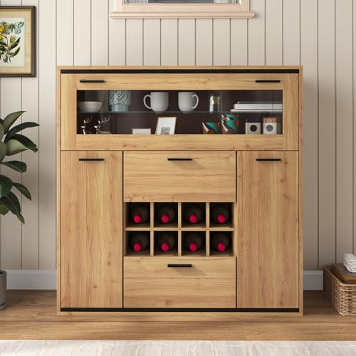 Aparador, elegante armario para vino con puertas dobles, estante de cristal y soporte para vino. Almacenamiento perfecto en un elegante aparador