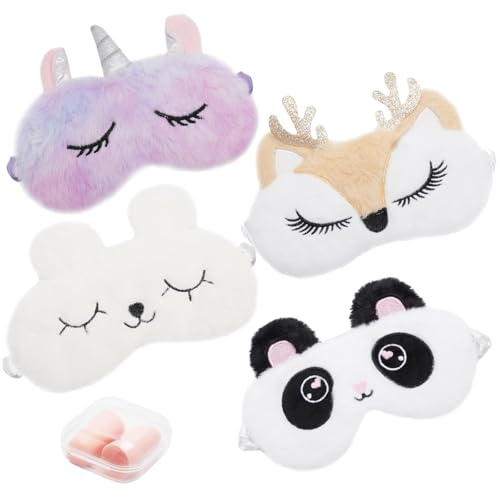 TMZELOA 4 stycken sovmask barn, sovmask flickor, ultramjuka sovmasker barn flickor sovmasker rolig plysch ögonbindel ögonmask djur mjuk bekväm för barn presenter tupplur resor