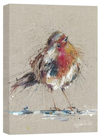 Artko Red Robin Canvas Print Wall Art - Artistic 'Thinking of You' by Nicola Jane Rowles - Charming Garden Bird Print - Ready to Hang Home Décor Painting - 30 x 40cm