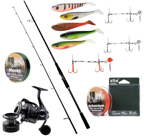 Zite Fishing Inzite Pro Stick Hecht Angelset | 225 cm Spinnrute & Spinnig Reel Pro 4000 | 550m monofile & 8-Fach geflochtene Hecht-Schnur | 5 Inzite Flanker Gummifische + 3 Hechtsysteme